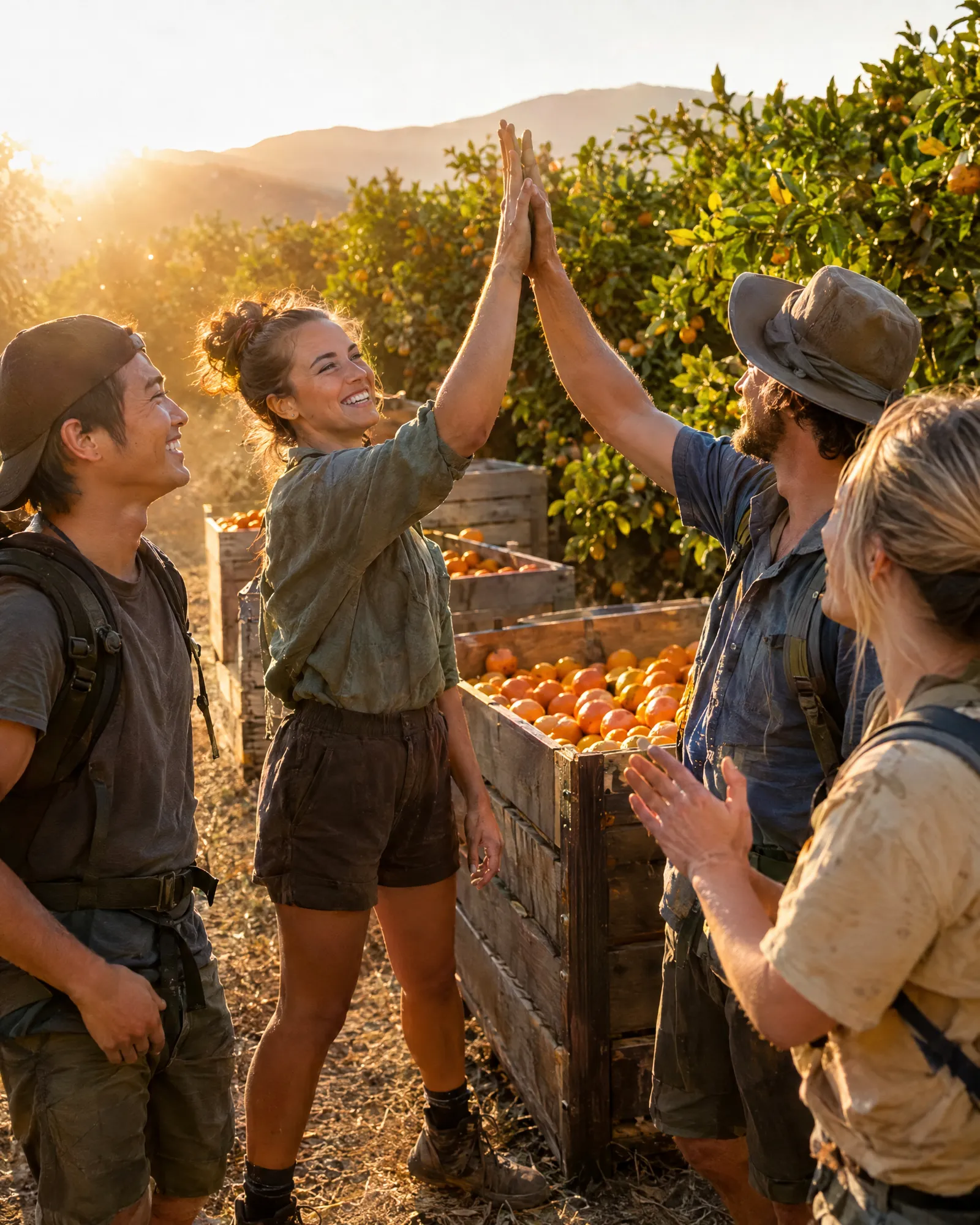 Fin de récolte dans un verger d'agrumes : une équipe de backpackers se tape dans la main devant des caisses d'oranges.