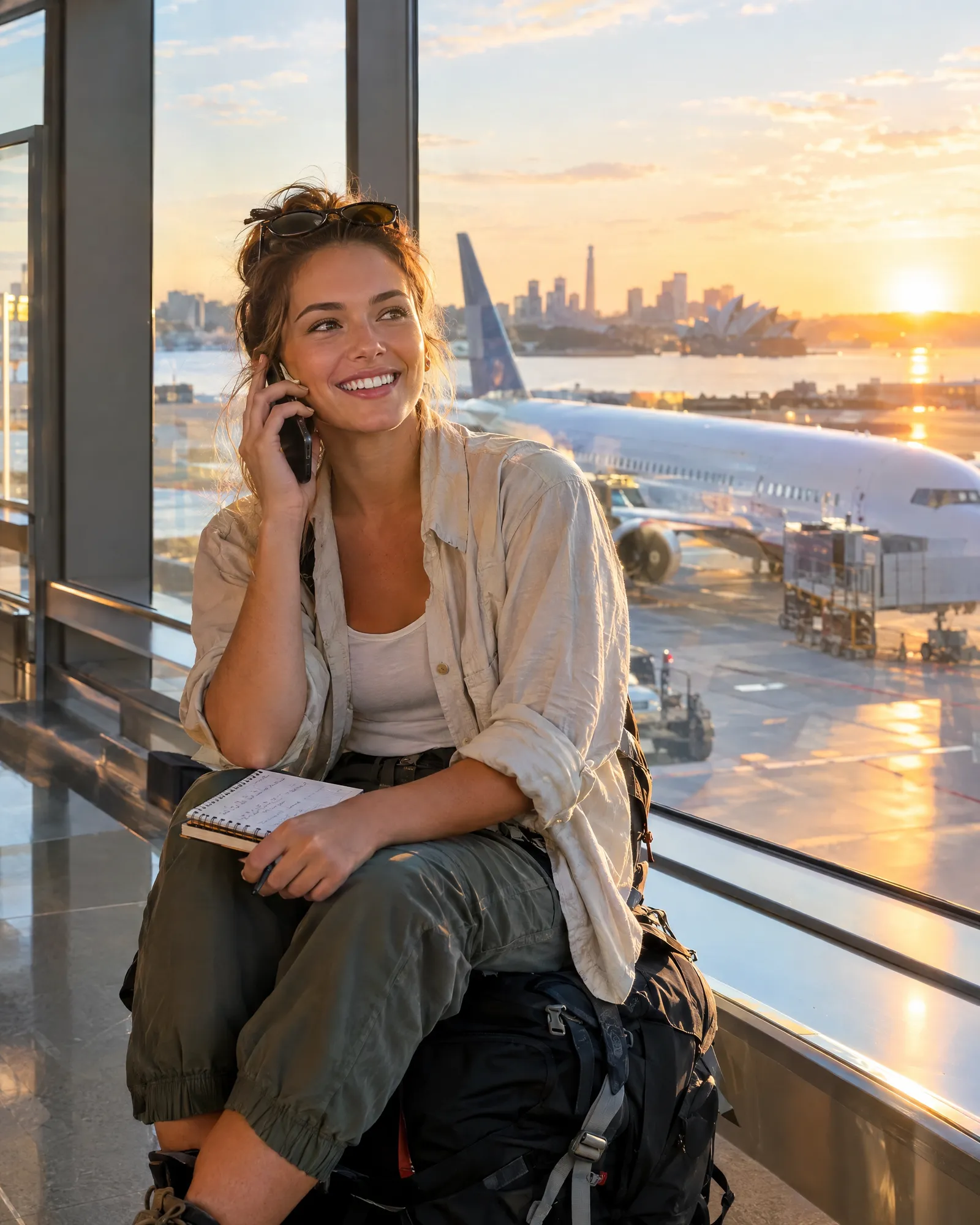 Une jeune backpackeuse assise sur son sac à dos dans le hall des arrivées de l'aéroport de Sydney, au lever du soleil, passe son premier appel en souriant.