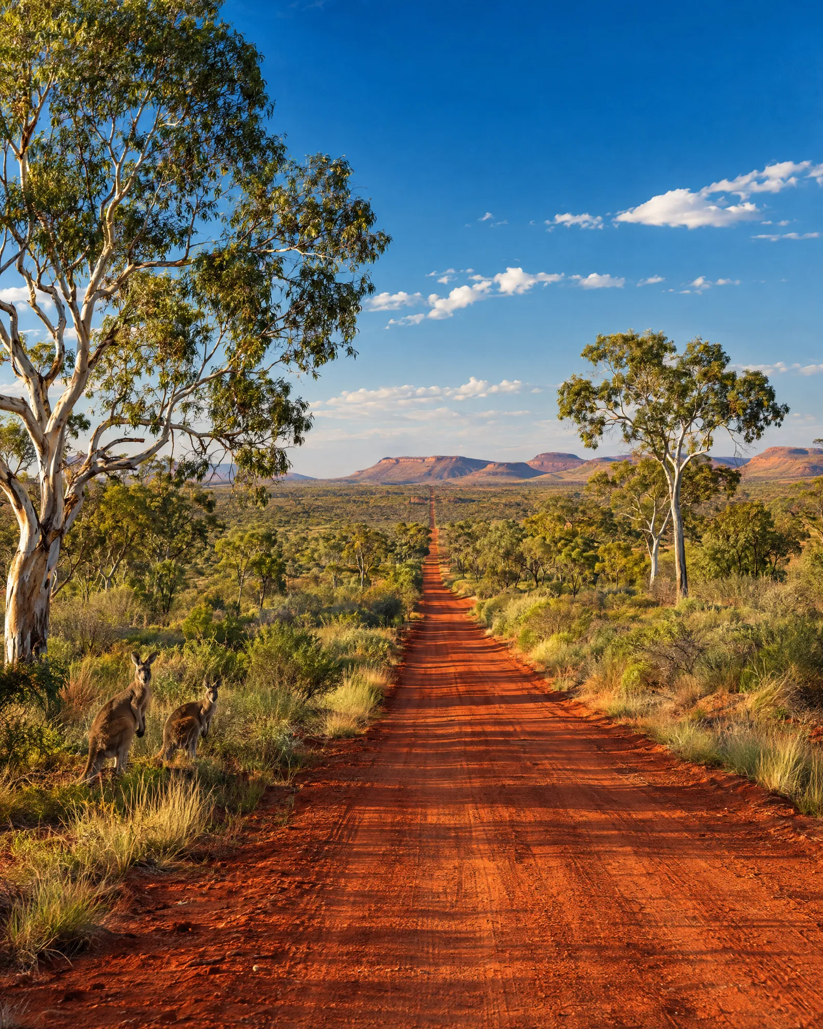 Une piste de terre rouge traverse l'outback jusqu'à l'horizon ; deux kangourous au bord de la route sous un ciel bleu.
