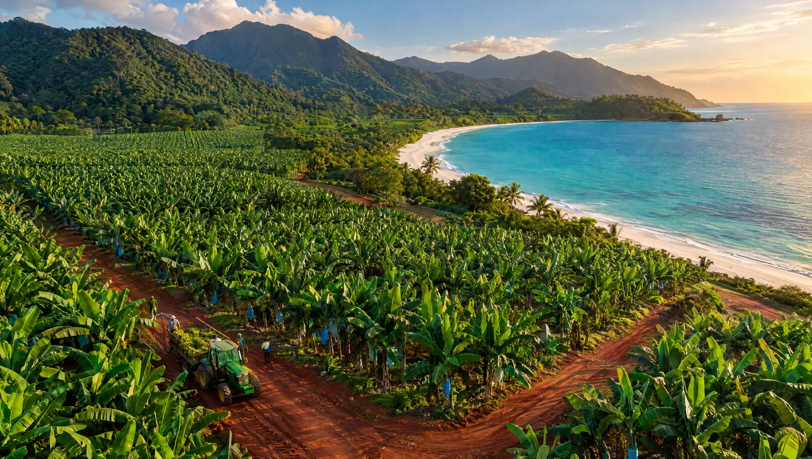 Vue aérienne d'une bananeraie du nord du Queensland qui descend jusqu'à une mer turquoise et une plage de sable blanc.