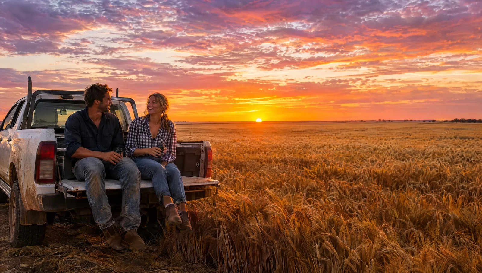 Deux jeunes assis sur le hayon d'un pick-up rient au bord d'un champ de blé doré d'Australie-Occidentale, au coucher du soleil.