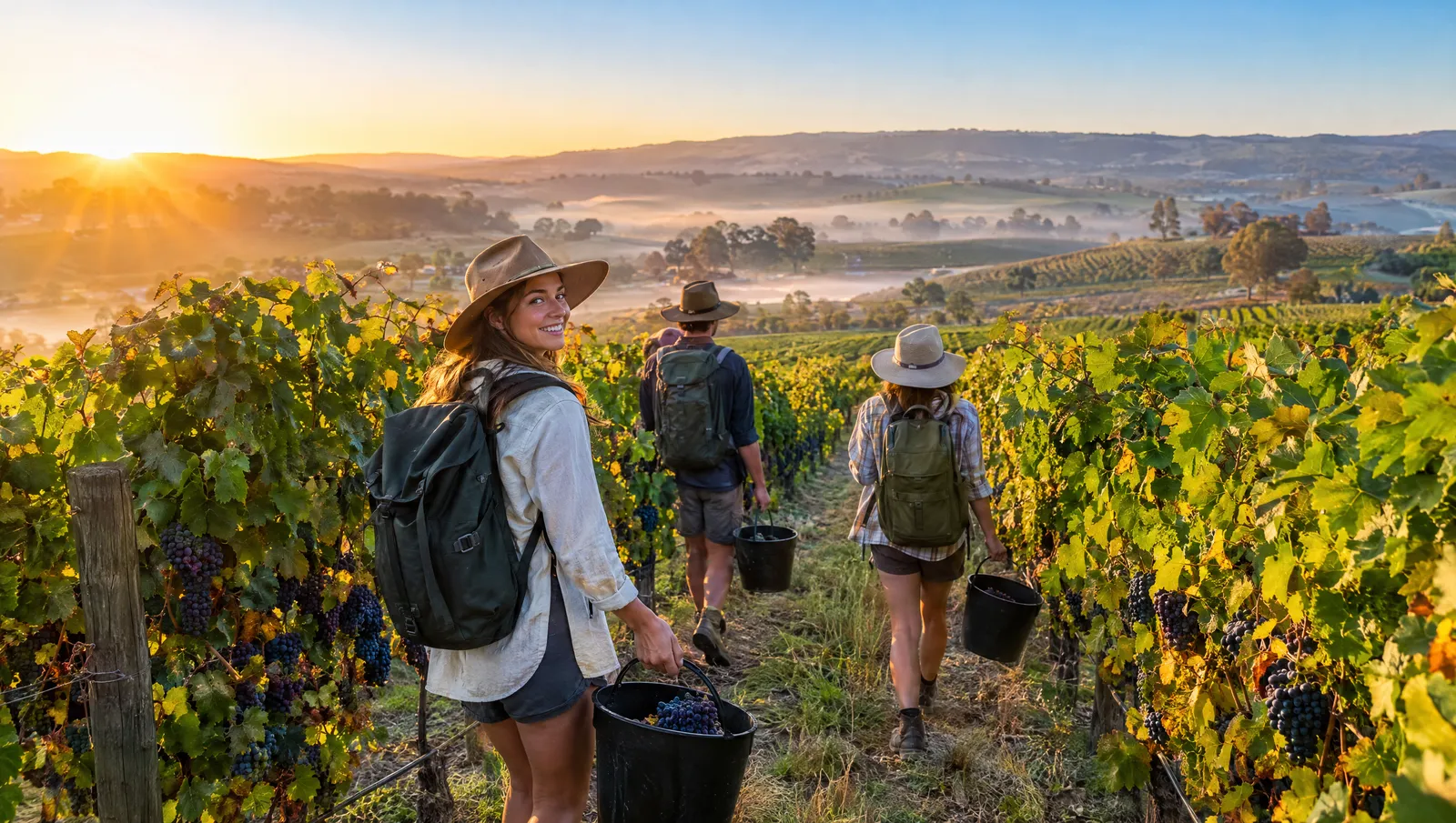 Lever de soleil sur un vignoble de la Barossa Valley ; trois vendangeurs marchent entre les rangs chargés de raisin.