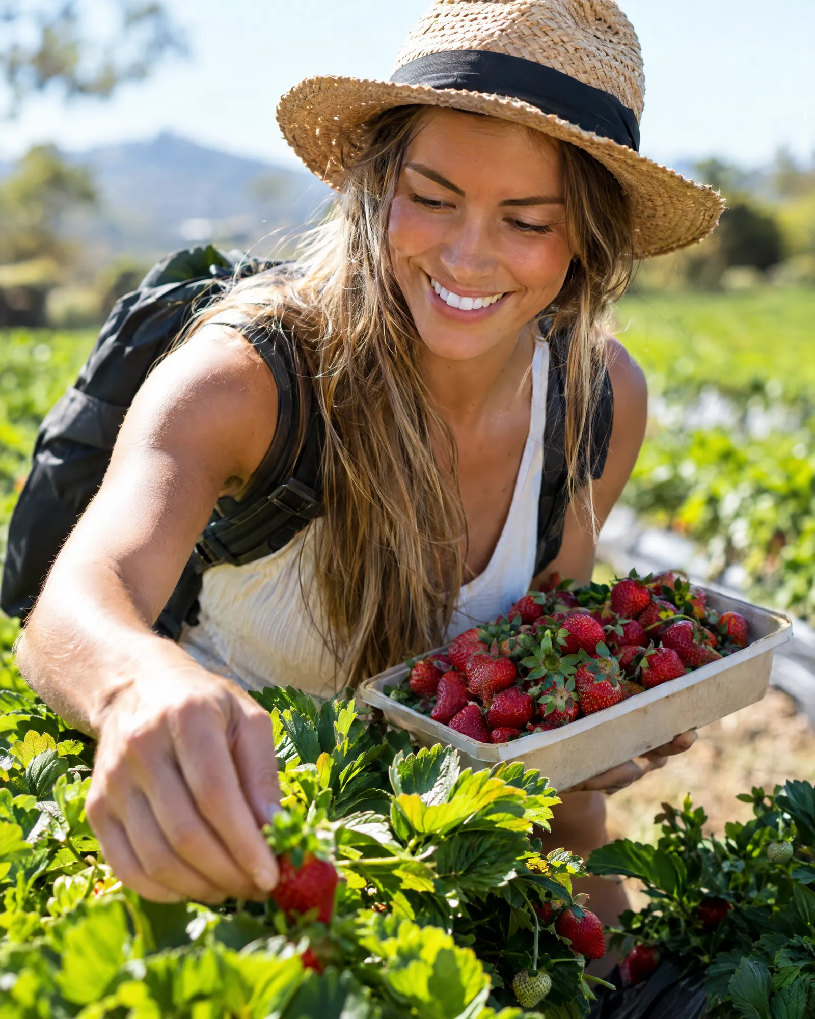 Une backpackeuse souriante en chapeau de paille cueille des fraises bien rouges dans une ferme ensoleillée du Queensland.
