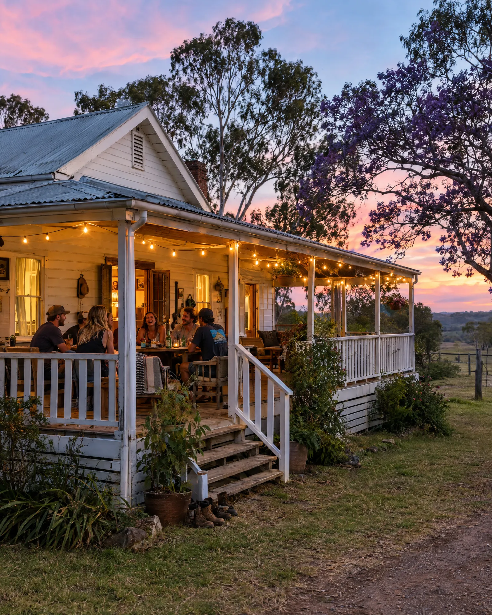 Une maison de ferme queenslander à la tombée du jour ; des backpackers rient autour d'une table sur la véranda illuminée de guirlandes.