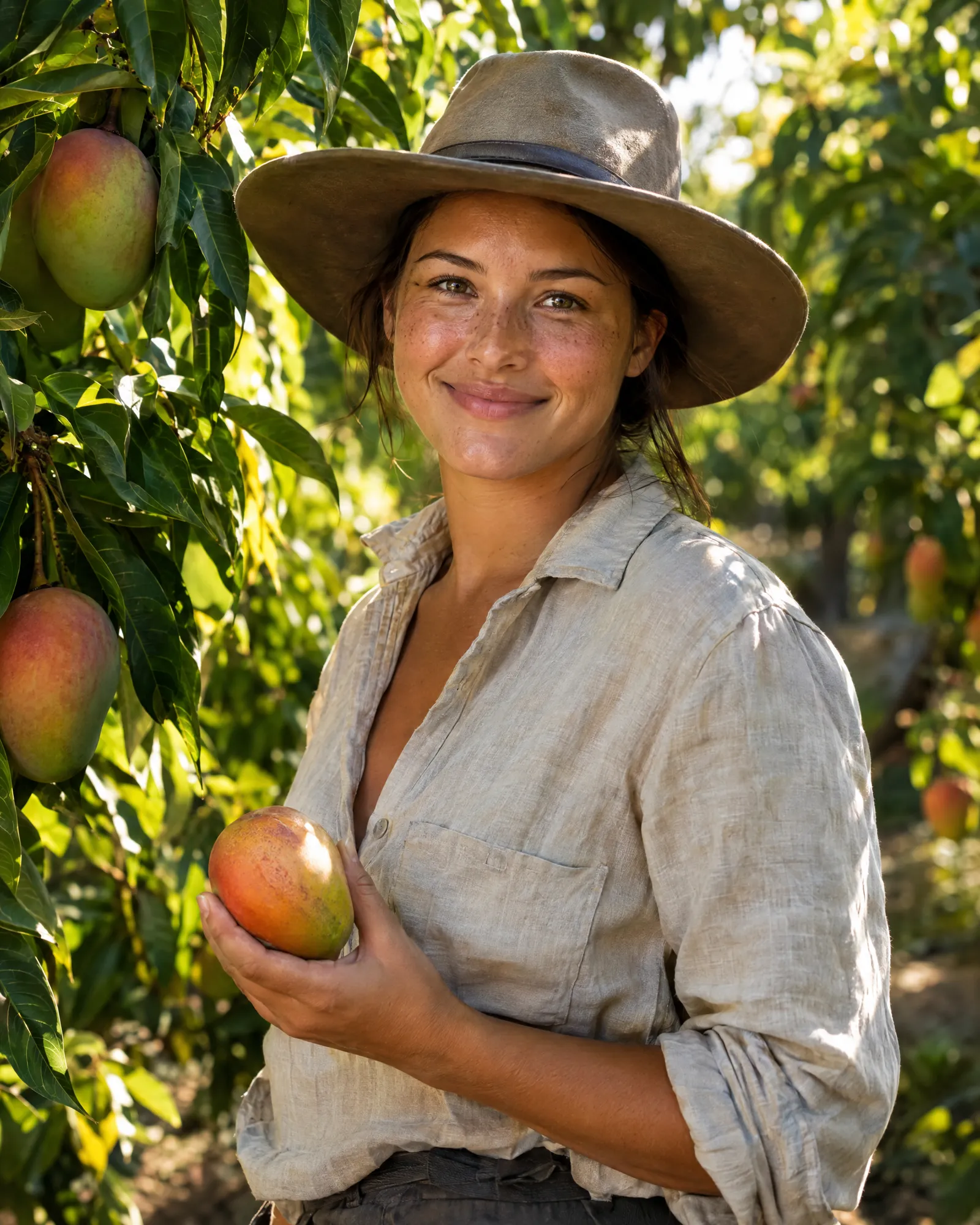 Portrait d'une saisonnière souriante en chapeau, une mangue à la main, dans un verger du Territoire du Nord.