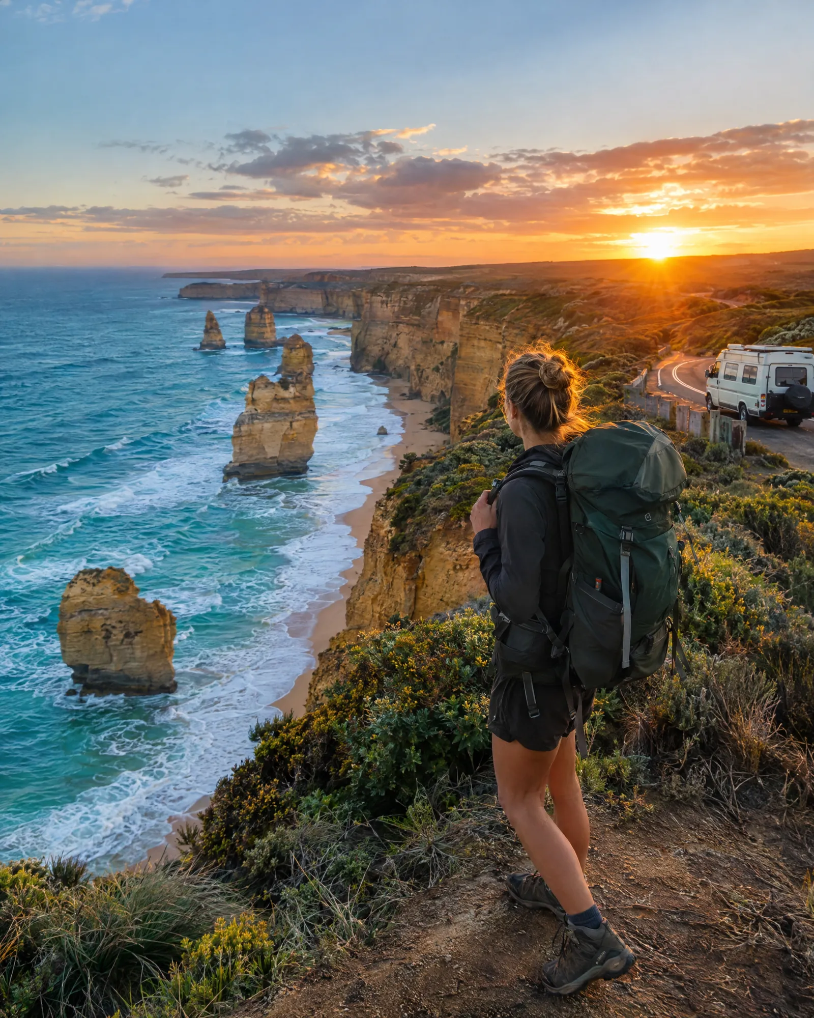Un voyageur sac au dos contemple l'océan turquoise et les falaises de la Great Ocean Road au coucher du soleil, un van garé derrière lui.
